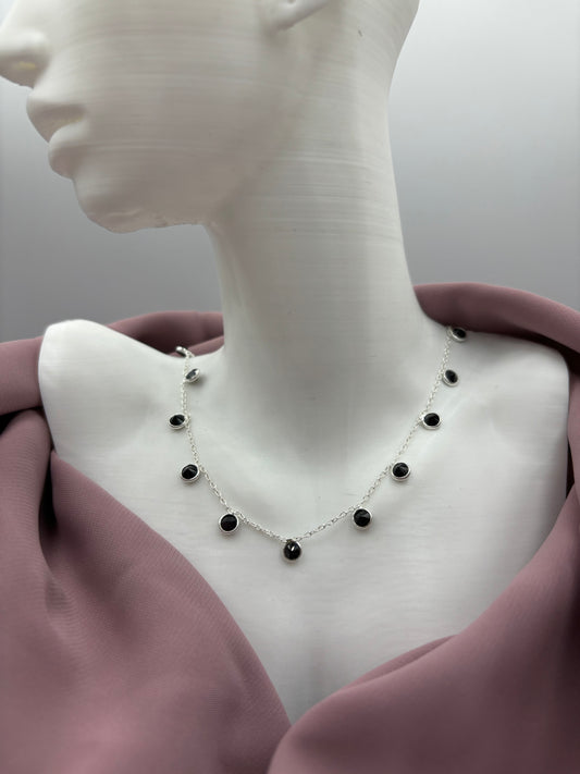 Black Onyx semi presious stone drops on stunning sterling silver necklace