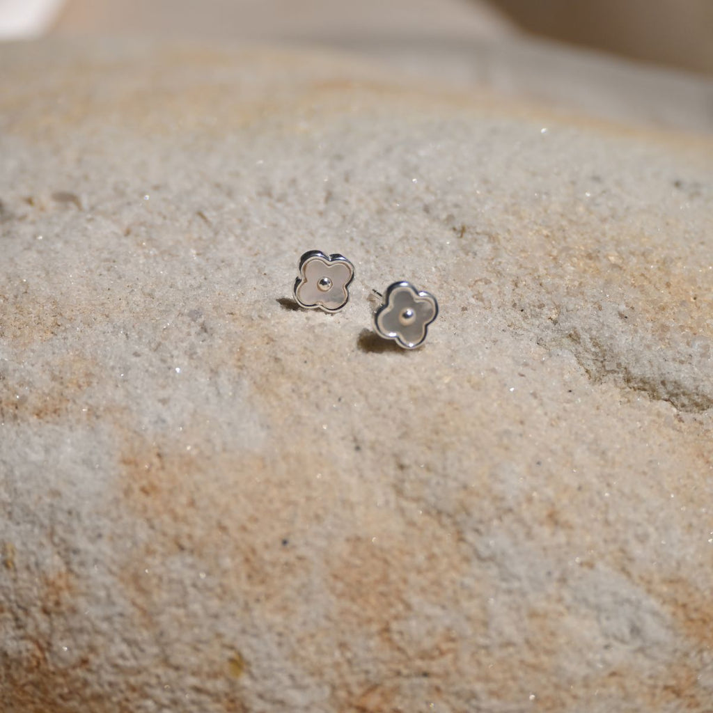 White Van Cleef (Four leave Clover) white flower studs