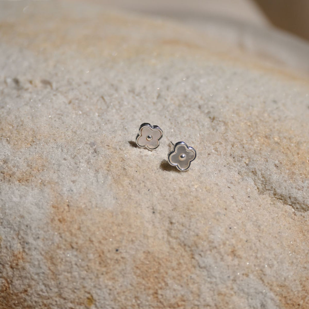 White Van Cleef (Four leave Clover) white flower studs