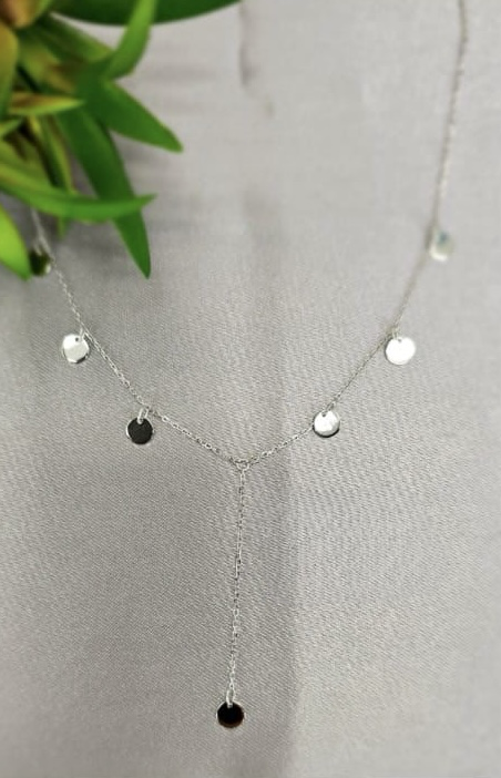 V shaped necklace with dangling discs