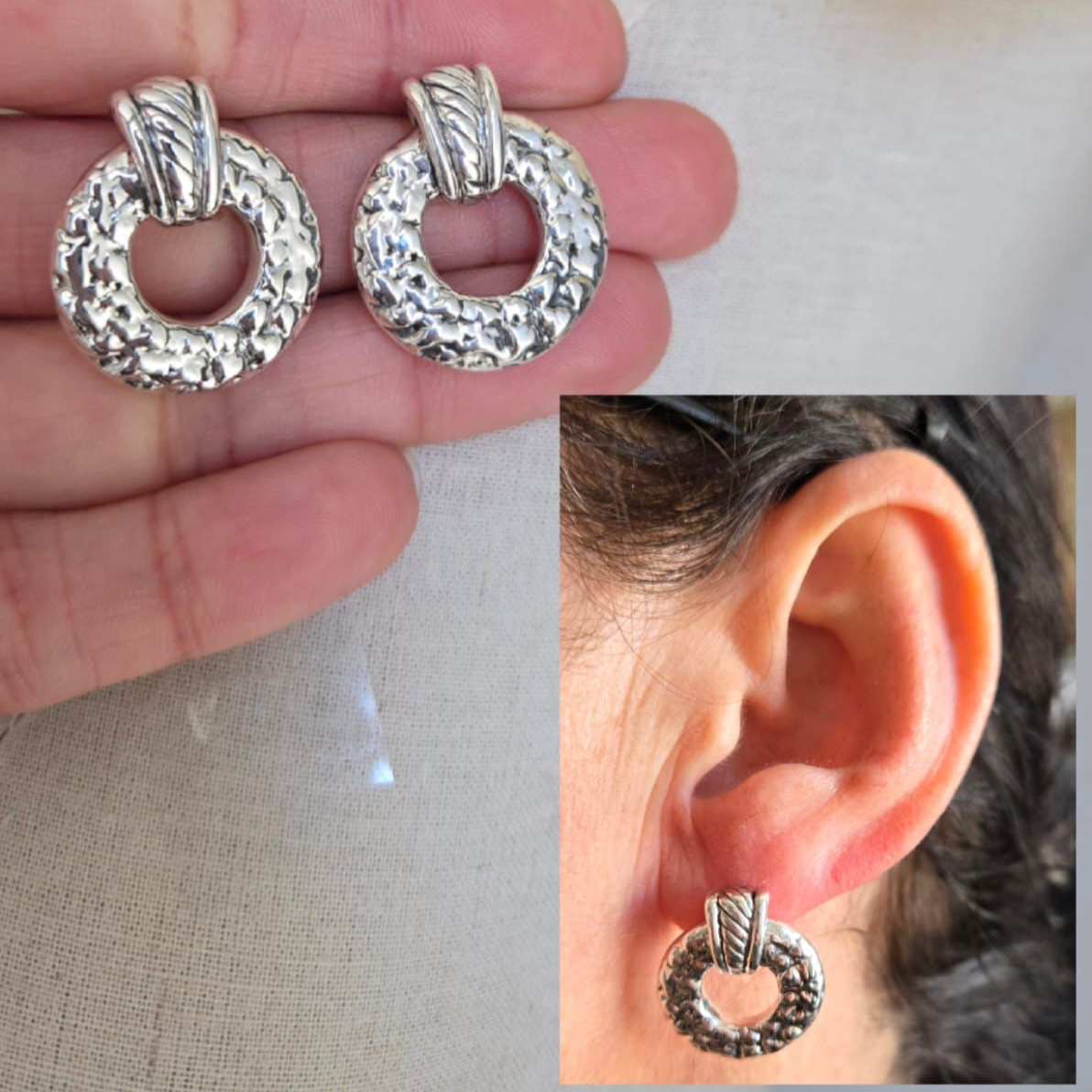 Silver earrings held between fingers with a close-up of an ear wearing one of the earrings.