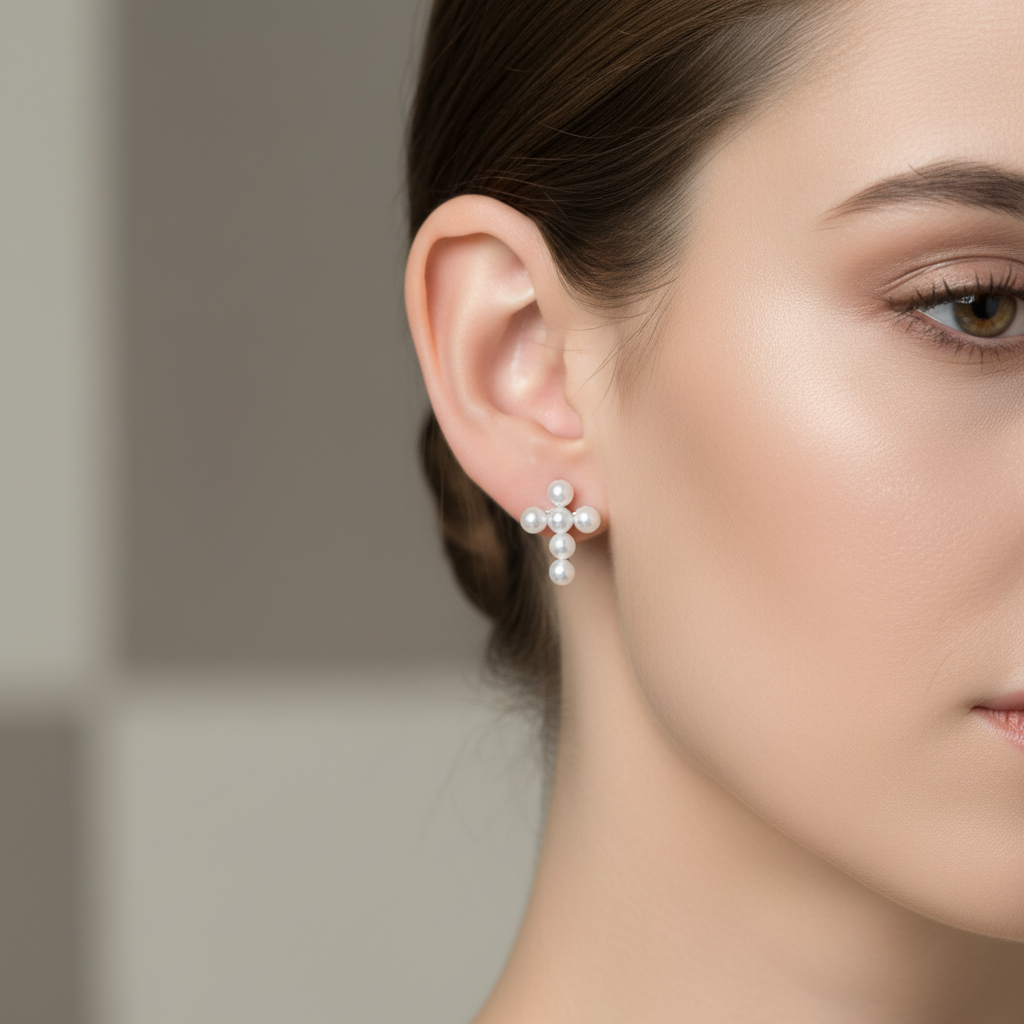 A pair of freshwater pearl cross stud earrings in sterling silver, displayed in a white pot with green leaves.