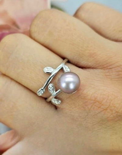 Pink pearl open size ring with leaves