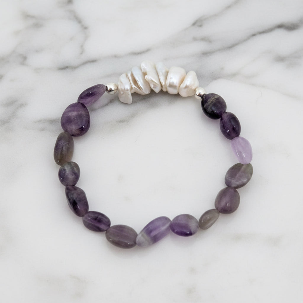 Amathyst and pearl elastic bracelet