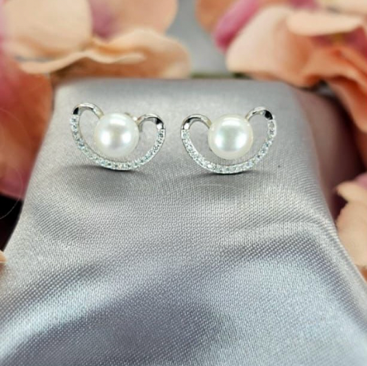 Pavé 16mm half moon studs with freshwater pearls