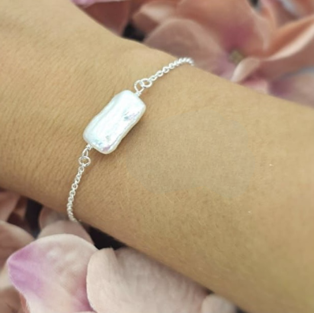 Tiny rectangular freshwater pearl and sterling silver bracelet