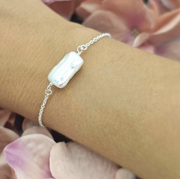 Tiny Rectangular Freshwater Pearl And Sterling Silver Bracelet