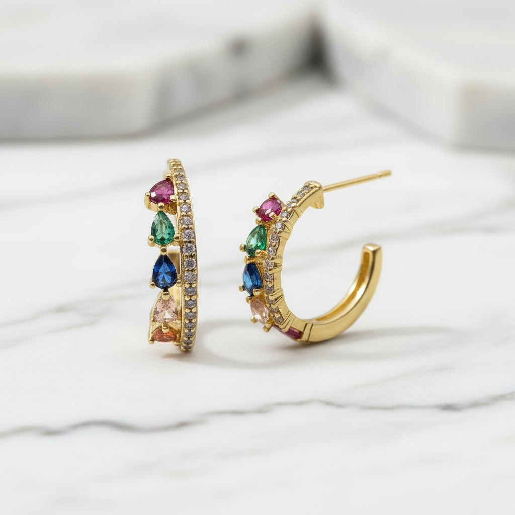 Crown Gold Earrings With Colourful Cubic Zirconia Stones - Terciany 