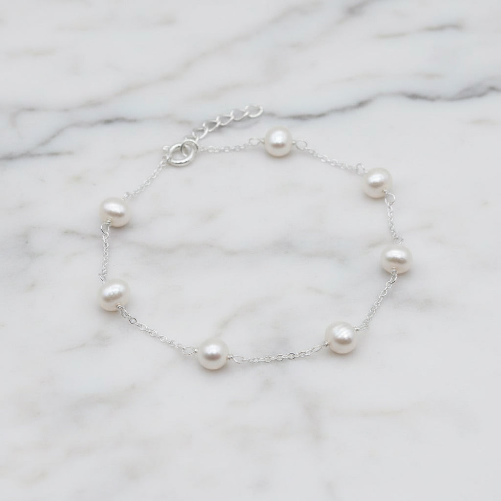 Sterling Silver Bracelet With Freshwater Pearls In Link