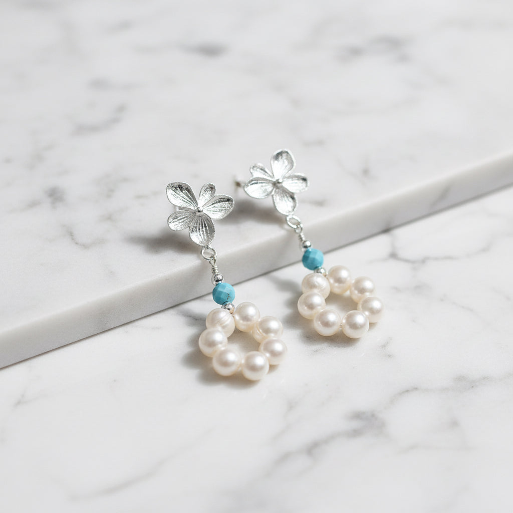 Flower Drop Earring With Circle Of Pearls