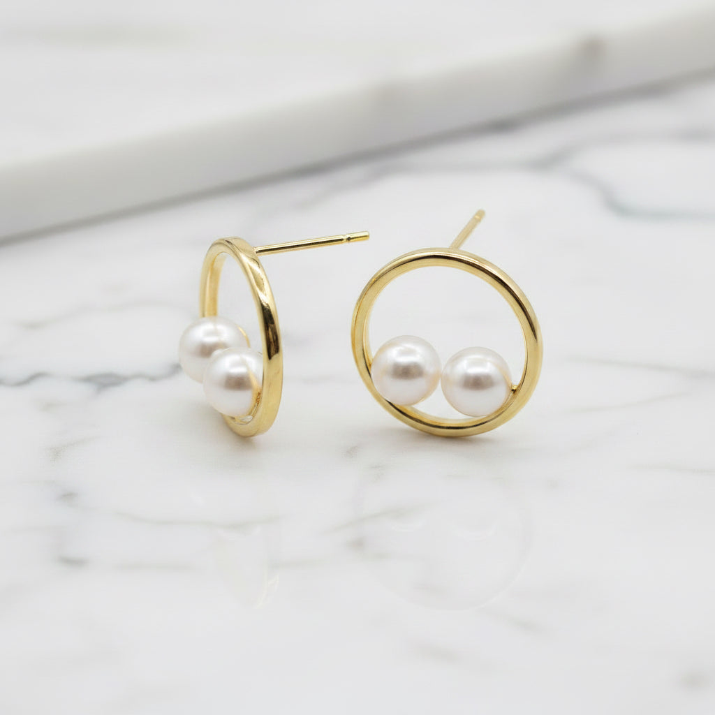 Gold Round Stud With Double Freshwater Pearls - Terciany 