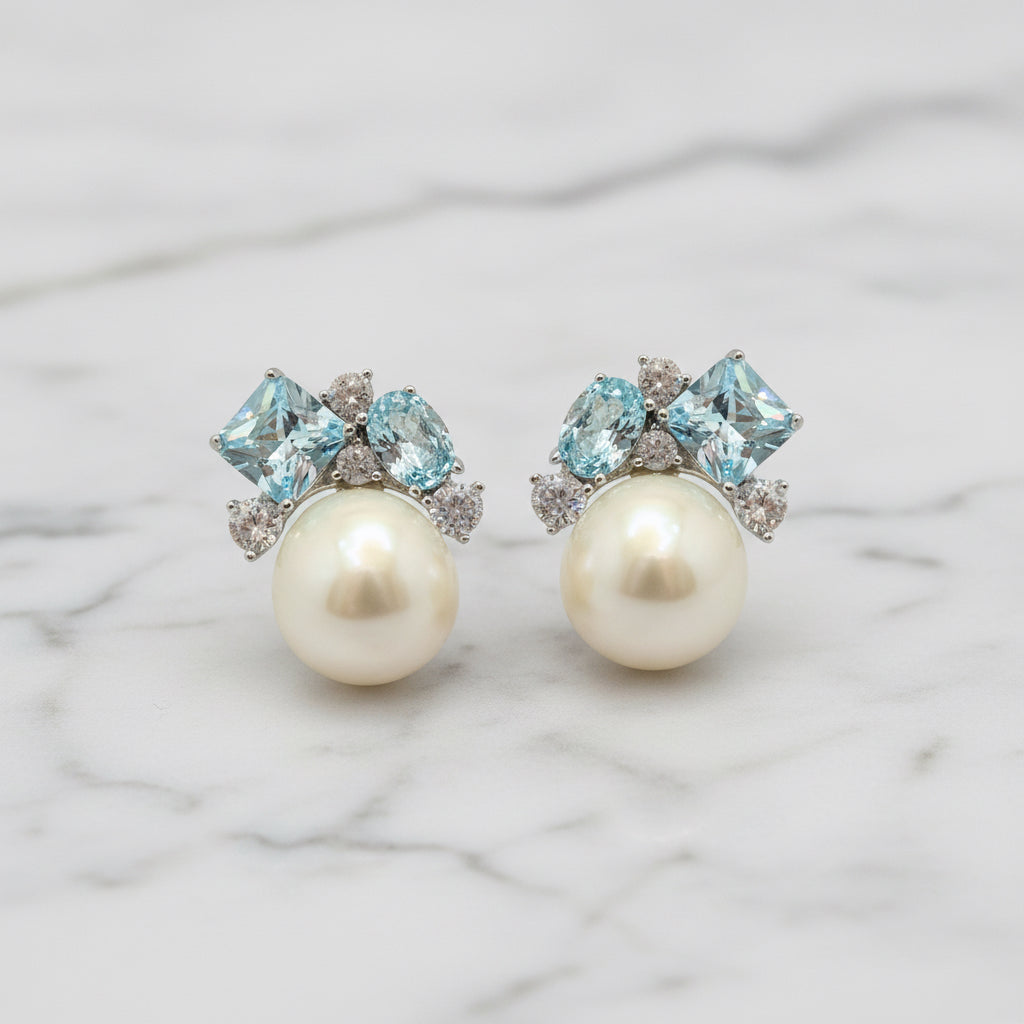 Showstopper Earrings With Light Blue Cubic Zirconia And Stunning Freshwater Pearls - Terciany 