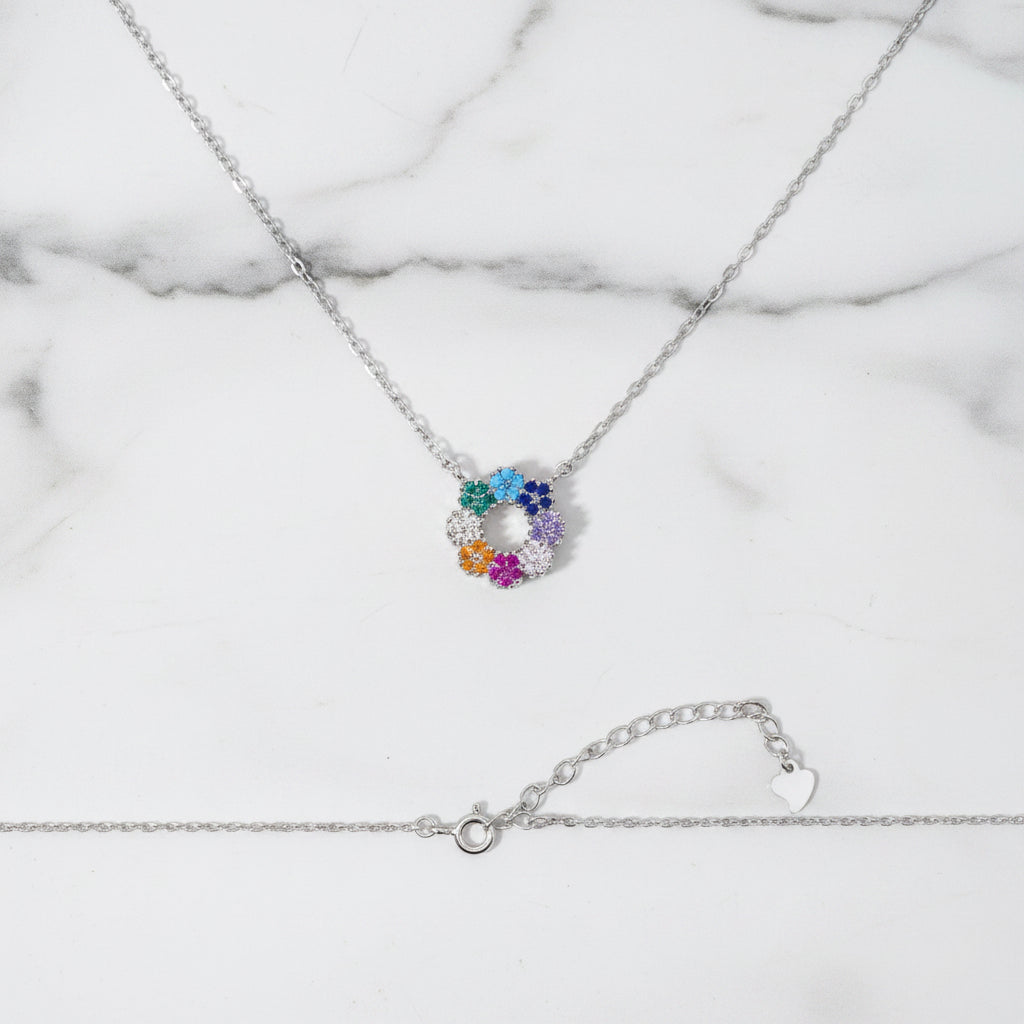 Sterling Silver Necklace With Pretty Flower Detailed Coloured Centre