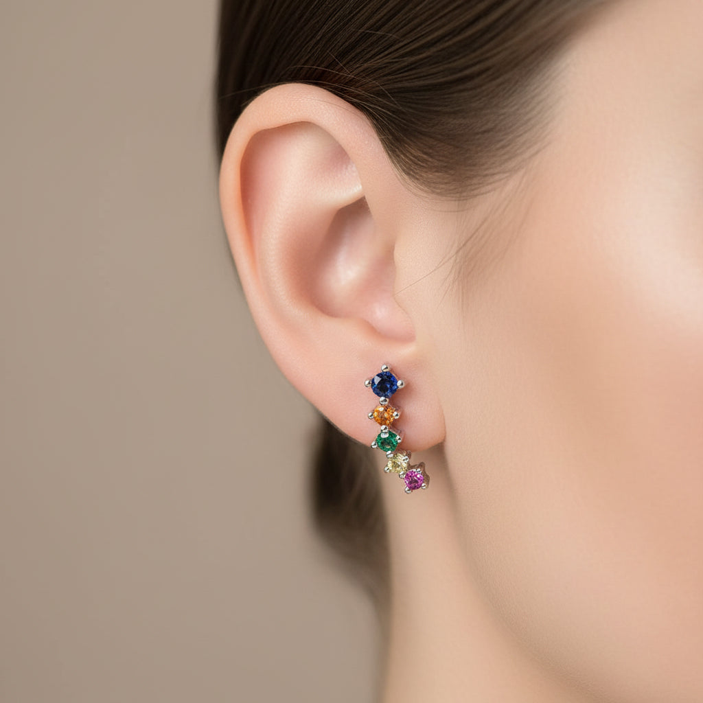 11mm Sterling Silver Stud Earrings With Rainbow Coloured Cubic Zirconia Stones - Terciany 