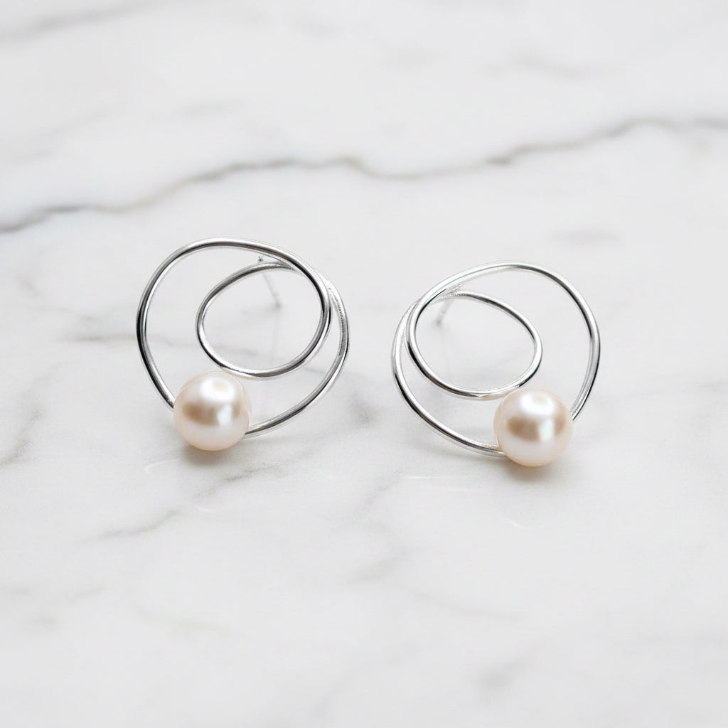 Modern Looking 16mm Double Circle Earring  With Freshwater Pearl