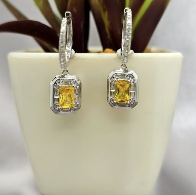 Cubic Zirconia Pavé Huggy Earrings With Gold/Yellow Stone Dangling