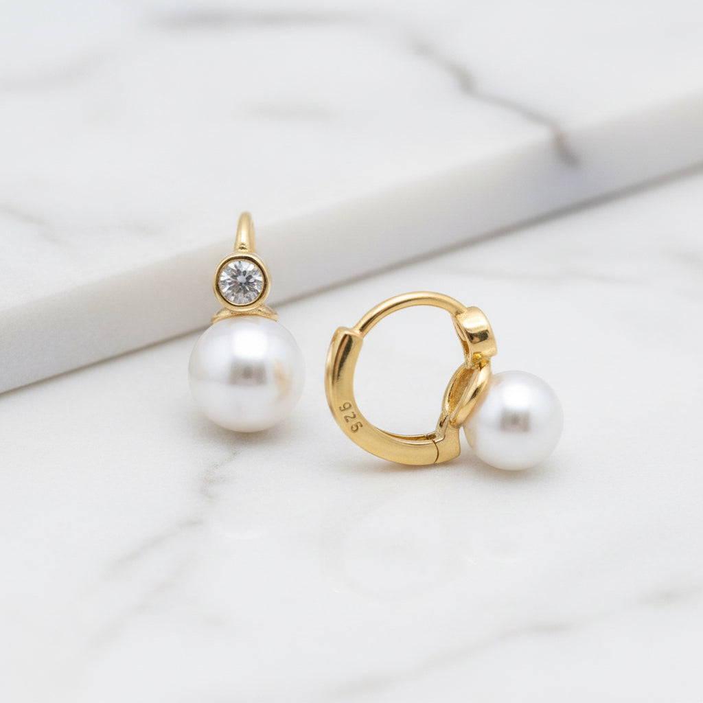 Gold pearl and cubic huggy earrings