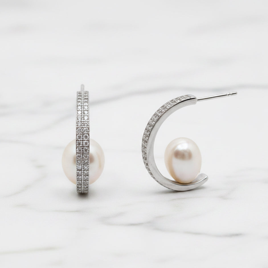 Pave 19mm Hoop Earrings With Cubic Zirconia Detail And Freshwater Pearls - Terciany 