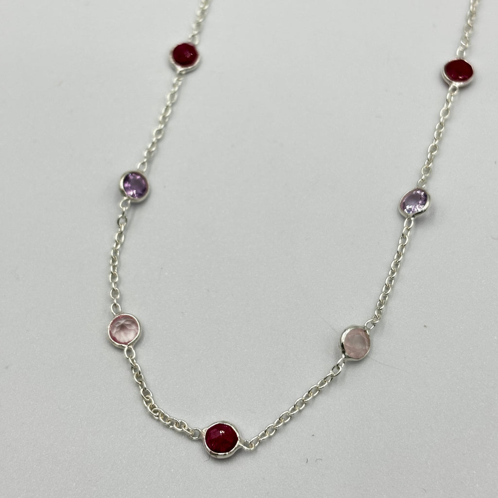 Sterling Silver Necklace With 5Mm Ruby, Rose And Amy Semi Precious Stones In-Bedded In Chain