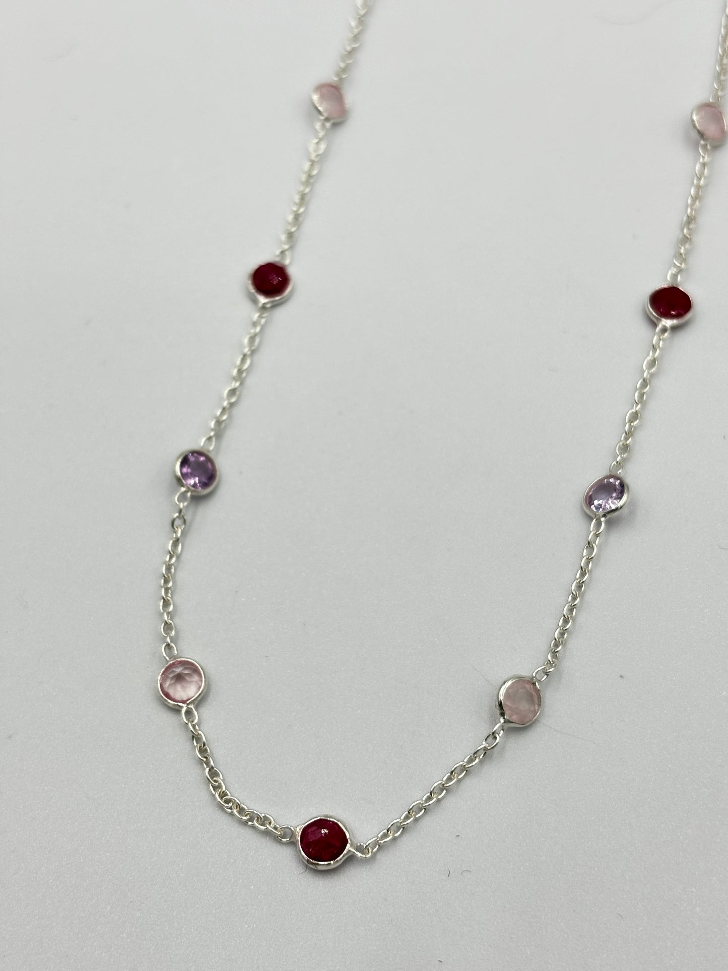 Sterling silver necklace with 5mm Ruby, Rose and Amy semi precious stones in-bedded in chain