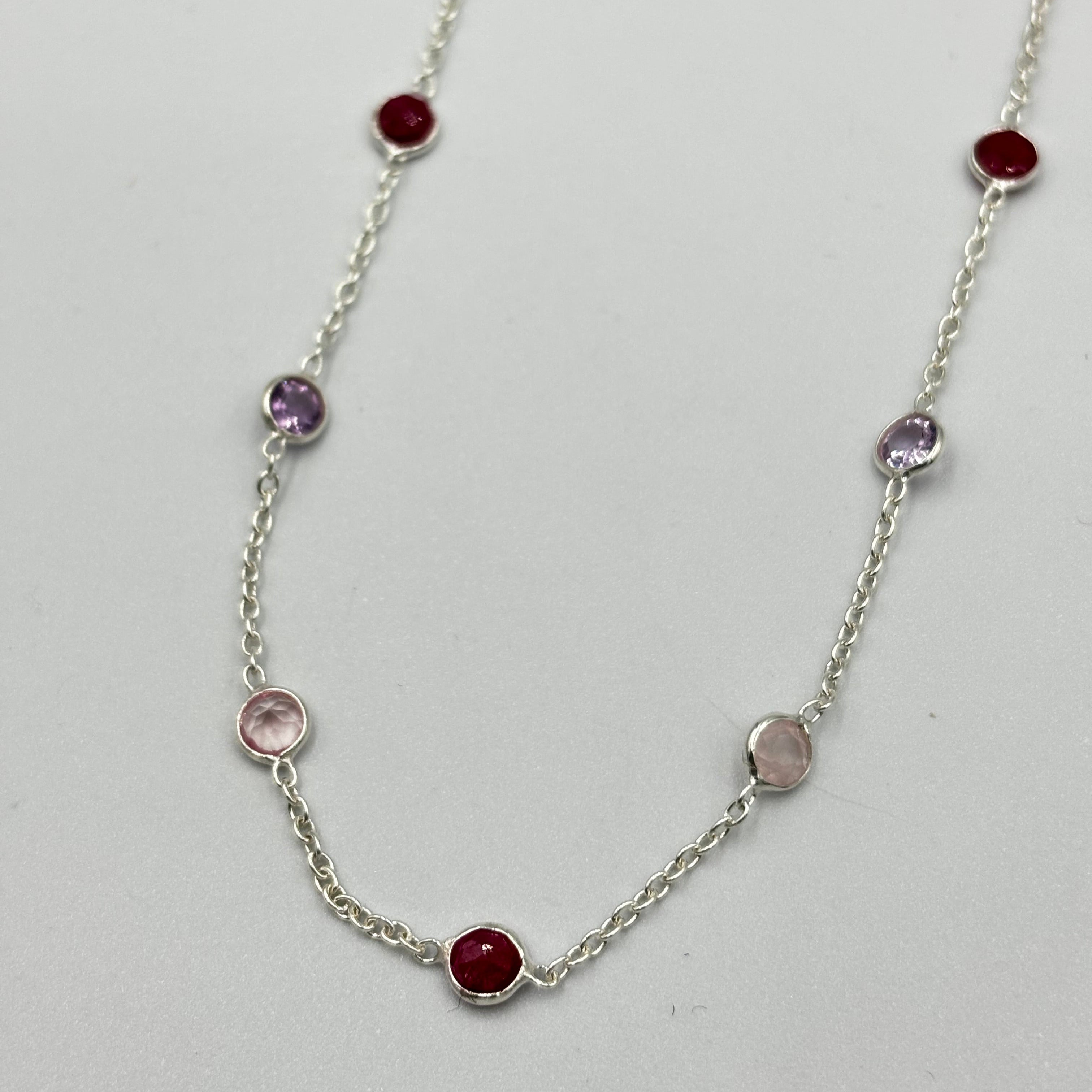 Sterling Silver Necklace With 5Mm Ruby, Rose And Amy Semi Precious Stones In-Bedded In Chain