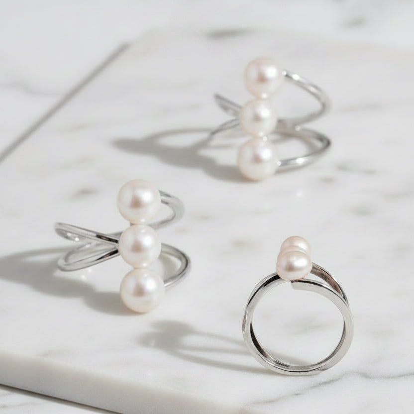 Stunning Modern Look Sterling Silver Ring With Cross Silver Bands And Three Stunning Freshwater Pearls In Row - Terciany 