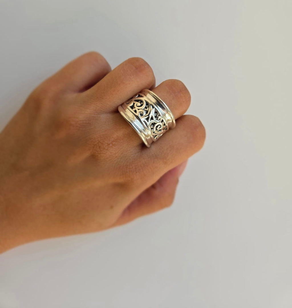Sterling Silver Statement Filigree Ring With Borders