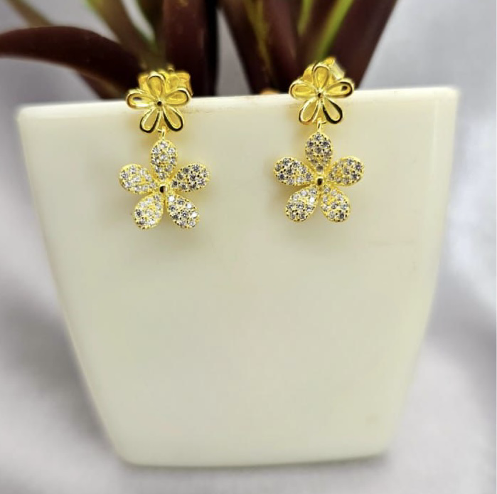 Gold double flower drop earrings