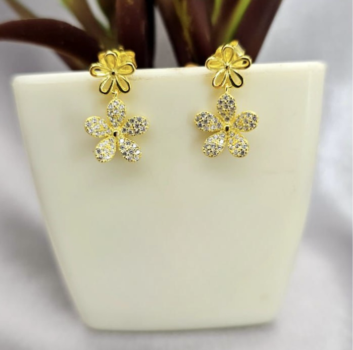 Gold Double Flower Drop Earrings
