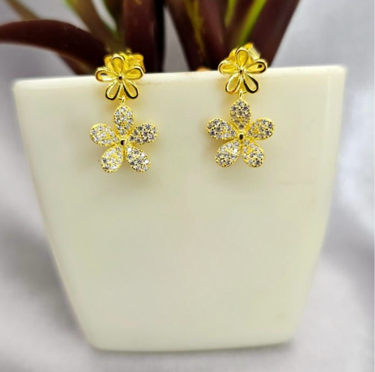 Gold double flower drop earrings