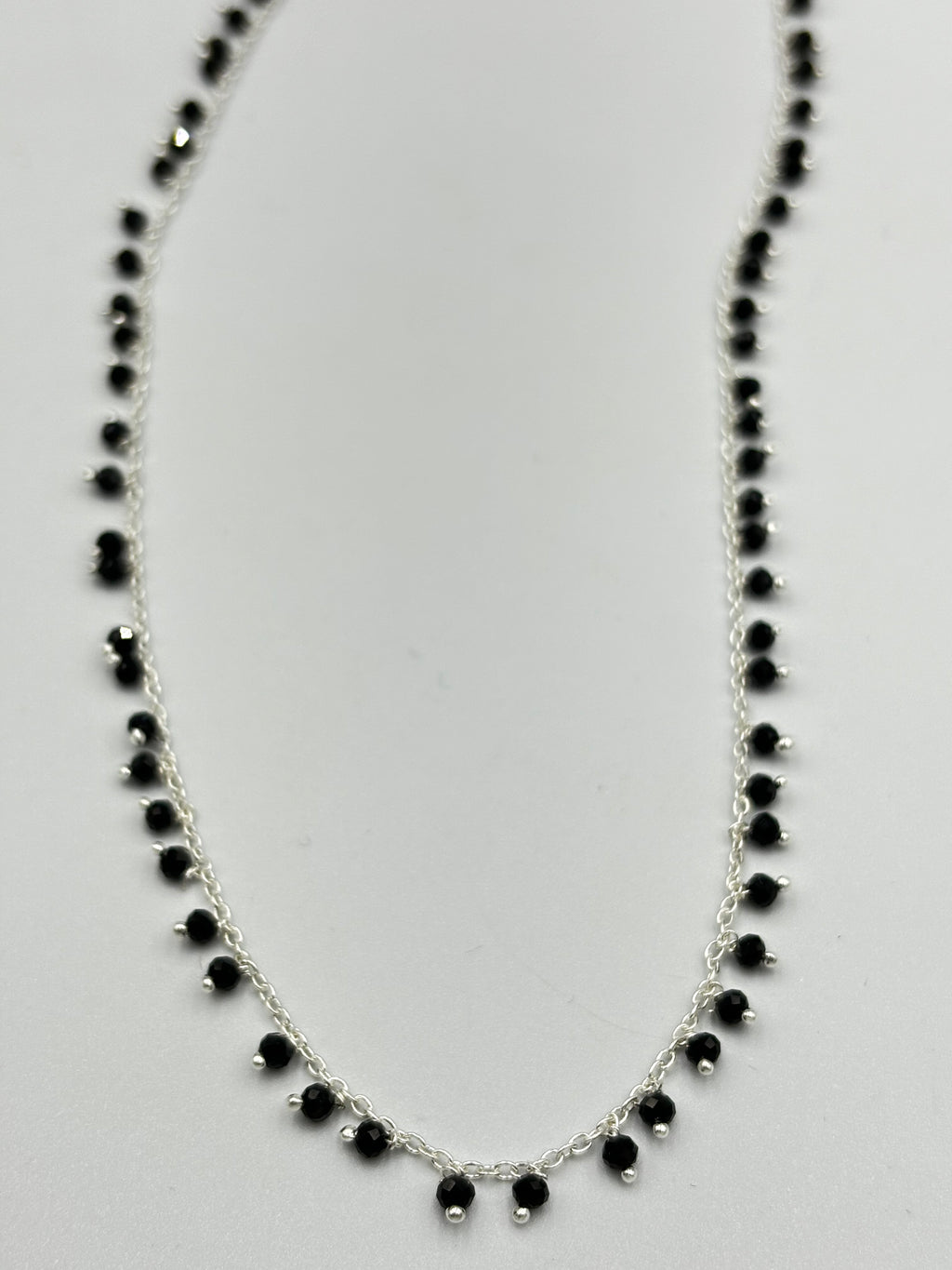 Sterling Silver Necklace With Lots Of Dangling Black Spinal Semi Precious Stones