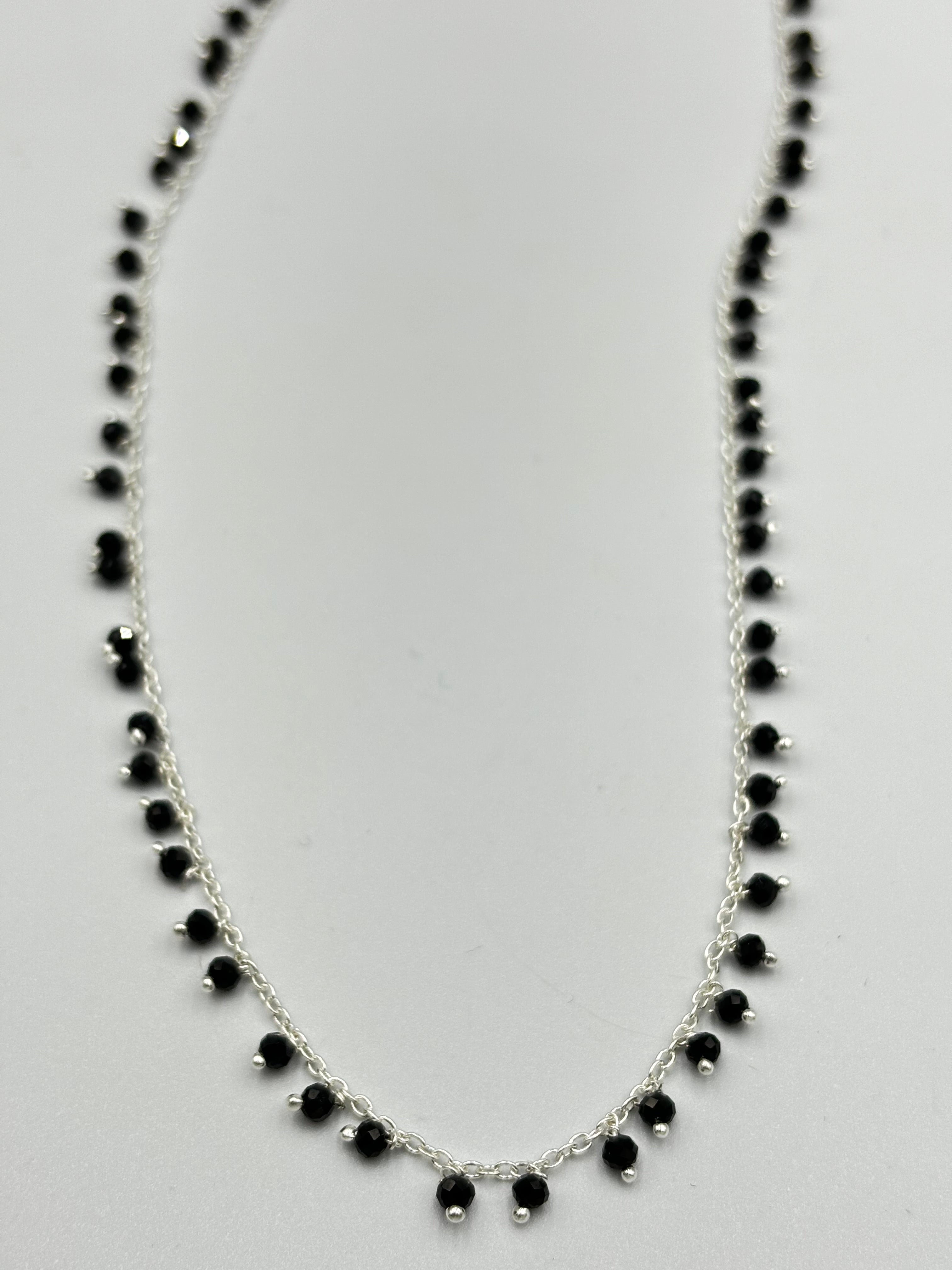 Sterling Silver Necklace With Lots Of Dangling Black Spinal Semi Precious Stones