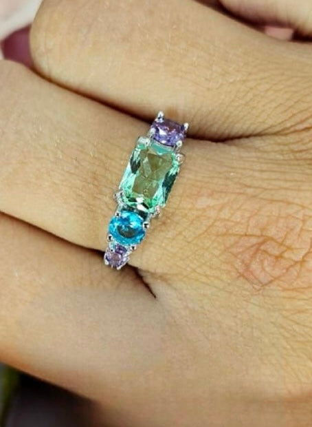 Sterling Silver Ring With Shamed Of Pink,Green And Blue Cubic Zirconia Stones