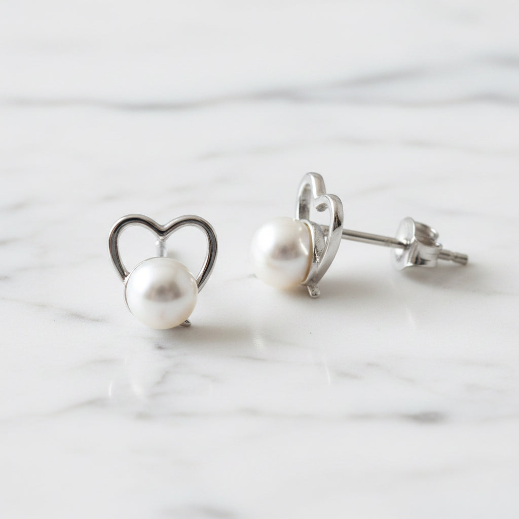 Heart Shape Stud Earrings With Freshwater Pearl - Terciany 