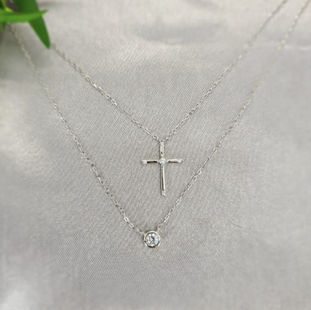 Double Sterling Silver Necklace With Cross And Crystal Layers