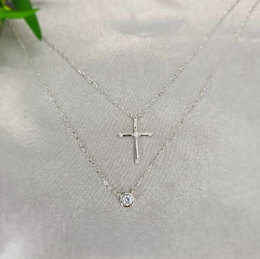 Double Sterling silver necklace with cross and crystal layers