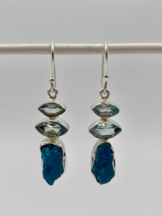 Rough and smooth semi Precious stone Mixed drop earrings