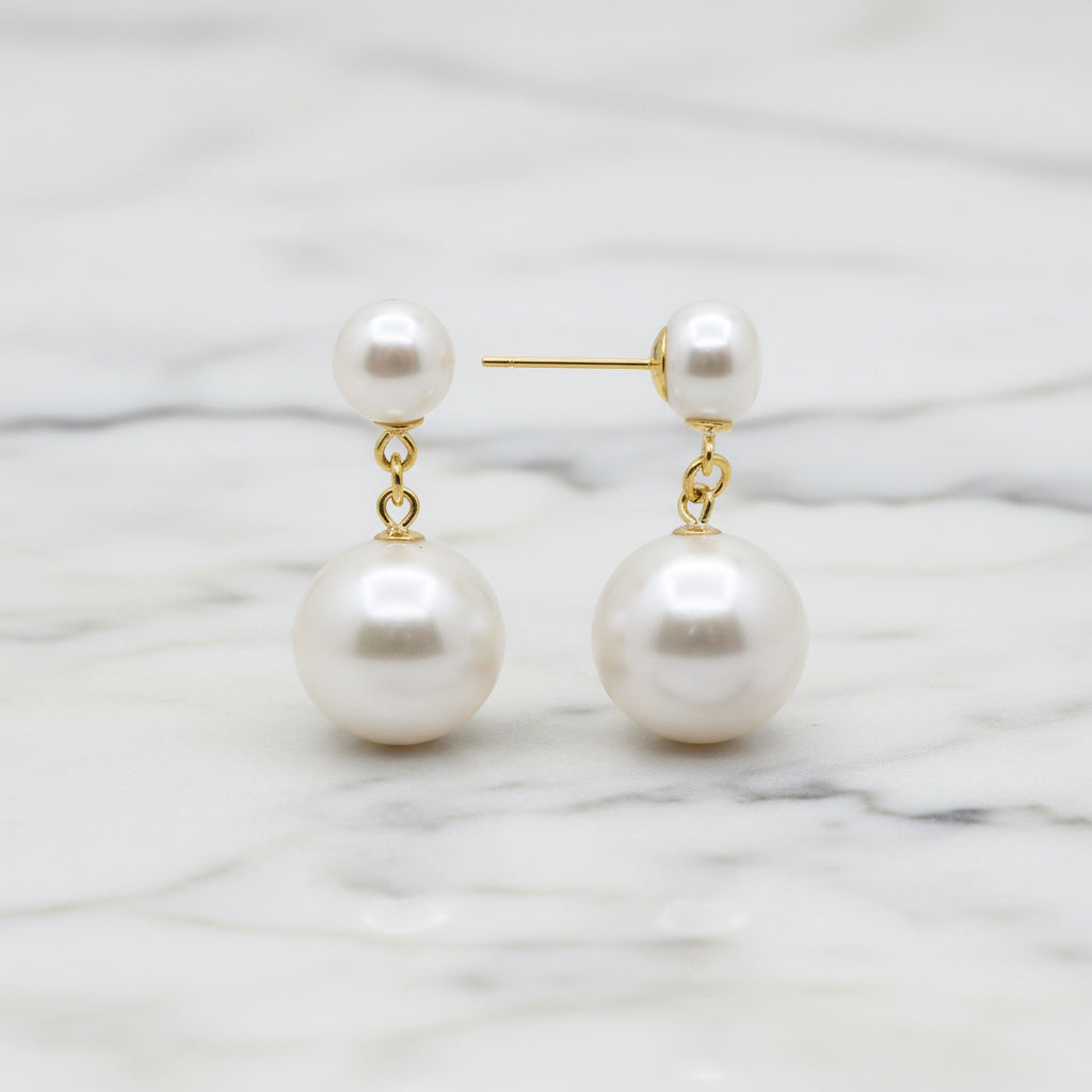Product information graphic for earrings on a white background, showing two styles with measurements and prices: silver hoop earrings labeled no. P40, 13mm, and gold-tone drop earrings labeled no.