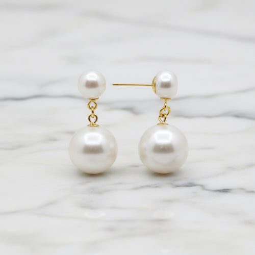 Product information graphic for earrings on a white background, showing two styles with measurements and prices: silver hoop earrings labeled no. P40, 13mm, and gold-tone drop earrings labeled no.