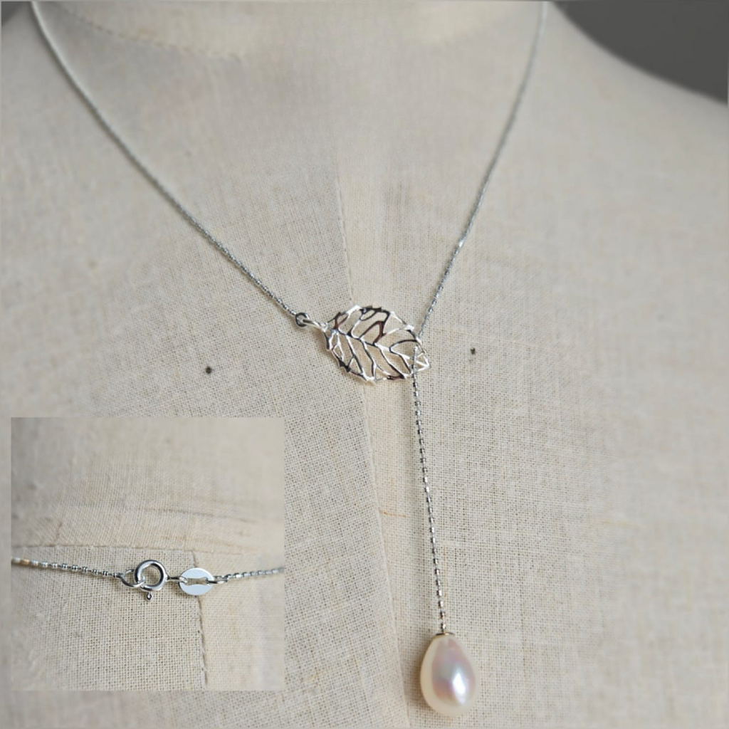 Sterling Silver Necklace With Leaf Slider And Beautiful Freshwater Pearl On End - Terciany 