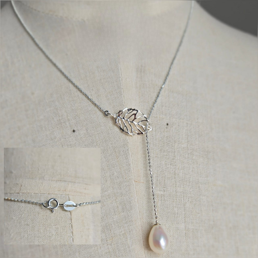 Sterling silver necklace with leave Slider and beautiful freshwater pearl on end