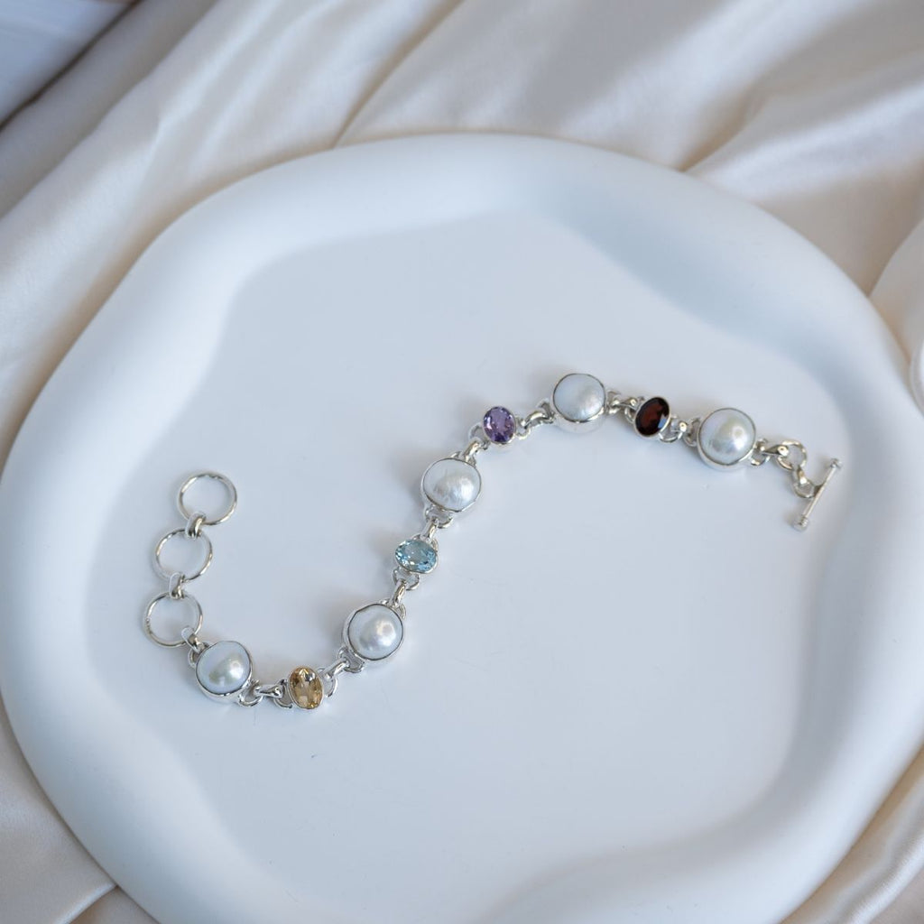Multicoloured semi precious stone and Freshwater pearl bracelet