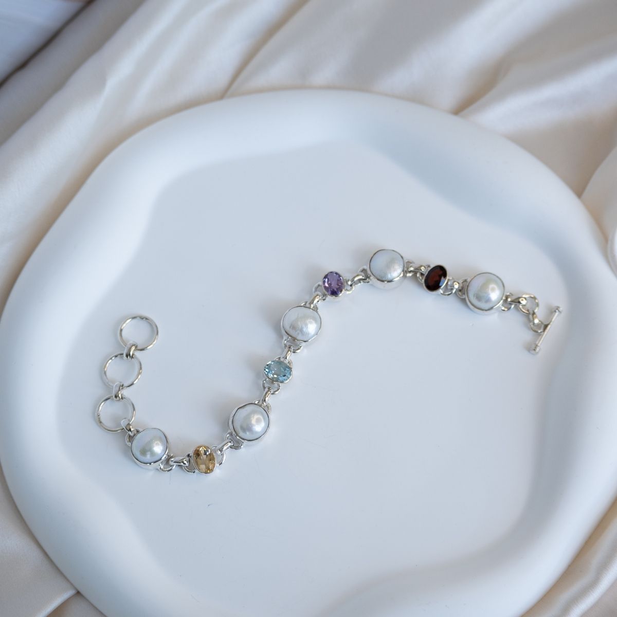 Multicoloured semi precious stone and Freshwater pearl bracelet