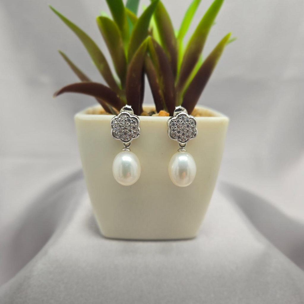 Sterling Silver Flower Pave Pearl Earrings