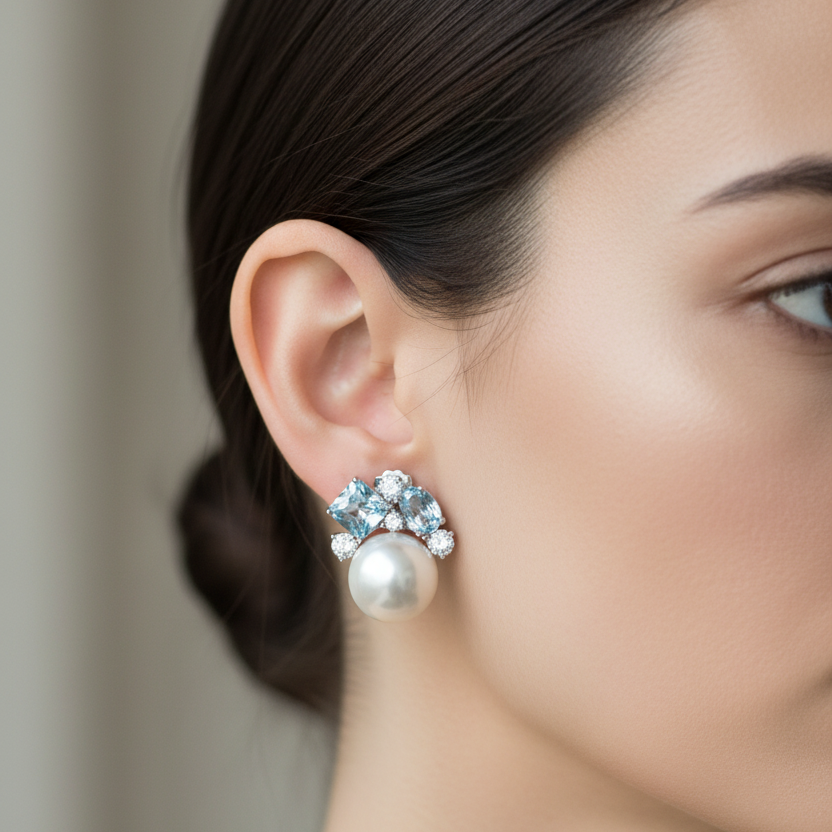 Showstopper Earrings With Light Blue Cubic Zirconia And Stunning Freshwater Pearls - Terciany 
