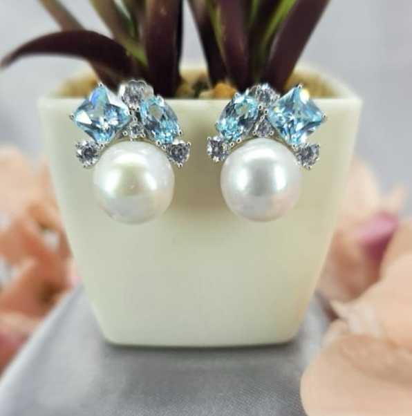 Showstopper Earrings With Light Blue Cubic Zirconia And Stunning Freshwater Pearls