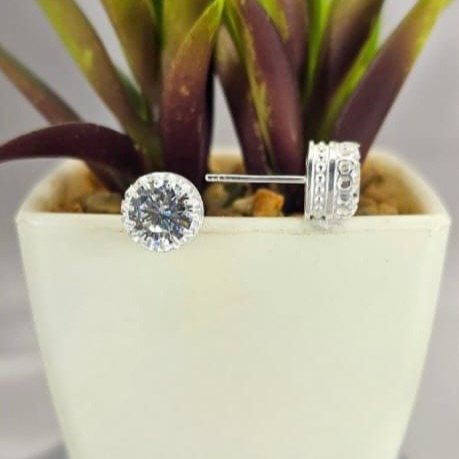 Pair of diamond earrings displayed in front of a potted plant on a reflective surface.