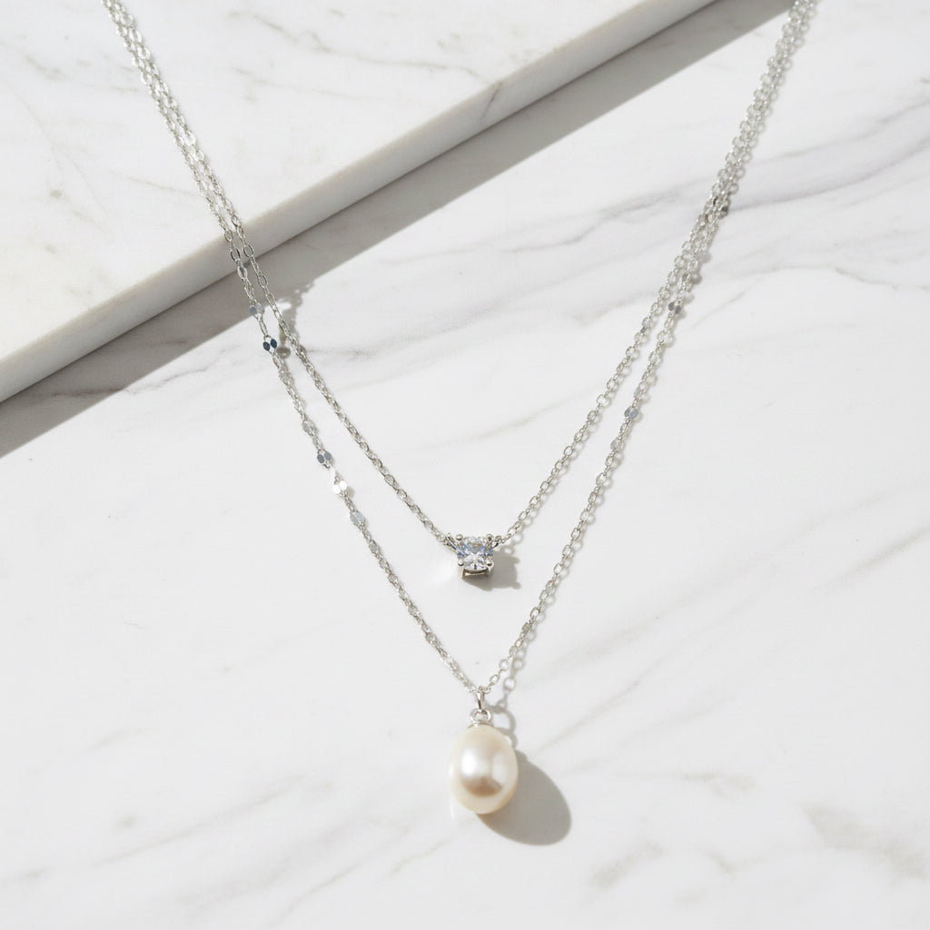 Double Layer Sterling Silver Necklace With Cubic Zirconia