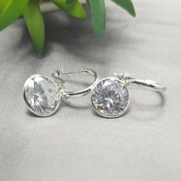 A pair of sterling silver hoop earrings with clear cubic zirconia stones, displayed against a light background with a green leaf in the background.