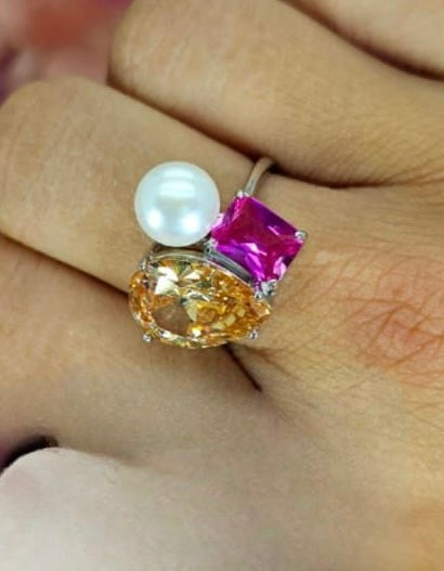 Stunning adjustable sterling silver ring with topaz coloured teardrop and pink rectangular cubic zirconia and large freshwater pearl